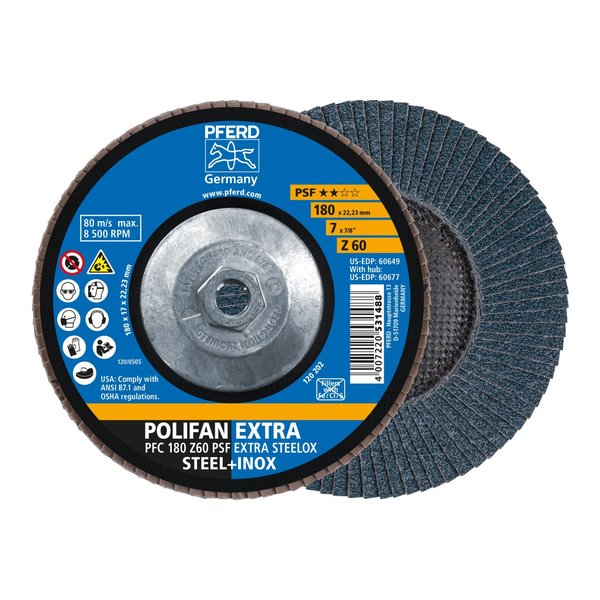 Pferd 7" x 5/8-11 Thd. POLIFAN® Flap Disc - Z PSF EXTRA STEELOX, Zirconia, 60 Grit, Conical 60677